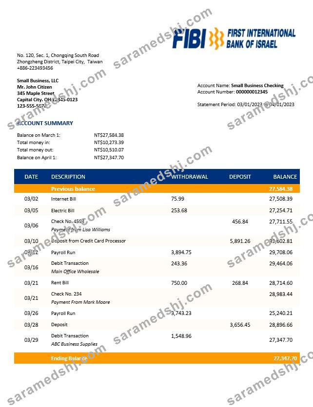 FIBI Bank enterprise account statement Word and PDF templat